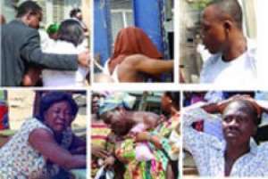 Top : from left - DSP Kwapong consoling his wife, Aams Amanor (with head covered) & Lance Corporal Karimu Muntari  on their way to begin their sentences.  Down : Some of the wailing relatives of the convicted persons.