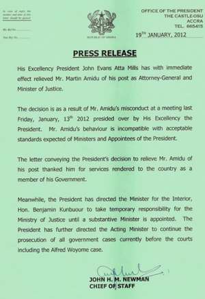 Press release: Castle confirms Martin Amidu's dismissal