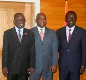 Hon Kan Dapaah, Minister for Defence poses with Liberian Minister for National Defence, Mr  Brownnie j. Samukai jr. Middle and Hon Addo kufuor, Minister for Interior Right