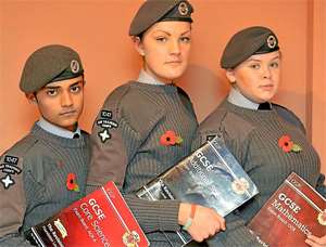 Upsetting: Students (left to right) Aman Nanglu, 15, Rezanne Willis,16, and Elle Phillips,15, were all sent home from school for wearing their Air Cadet uniforms on Armistice Day