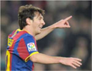 Messi, celebrates one of his hat-tricks