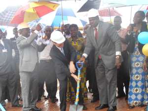 Prof. Ernest Aryeetey right and Naoto Nikai left breaking the ground for commencement of the project