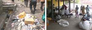 Rubbish on the ground inside the railway station left, Traders also have taken over parts of the Accra Railway Station right