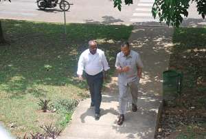 The Director General, International Institute of Tropical Agriculture (IITA), Dr Nteranya Sanginga (left) having a tte--tte with the Director General of the International Livestock Research Institute (ILRI), Dr Jimmy Smith (right)