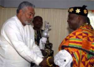 President  Rawlings (left) being welcomed by Togbui Sri III