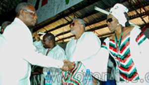 President Mills shaking hands with rival Nana Konadu Agyeman-Rawlings at the Tamale Congress in 2010