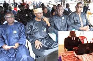 DAILY GUIDE delegation at the funeral Freddie Blay, Rashid Bawa and Fortune Alimi. INSET: The late Sam Mark Essien, laid in state