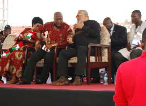 From left: Lordina Mahama, President Mahama, JJ Rawlings and Kofi Adams at the NDC congress Kumasi on Thursday