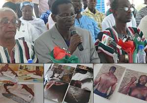 Top: Dr. Kwabena Adjei with mic and other NDC officials at the function and inset photographs of some of the people said to have suffered some harm in the course of serving the party.