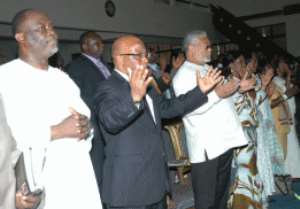 Former President Jerry John Rawlings, 3rd left his wife Nana Konadu 4th left, Former Vice-President of Zambia, Dr Mevers  Mumba, 2nd left and Dr Spio Gabrah 1st left At the Action Chapel International during the thanksgiving service.