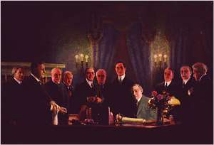 Courtesy of Woodrow Wilson Birthplace Foundation   Painting by Wilbur G. Kurtz, Sr. of President Wilson signing the Federal Reserve Act in 1913.