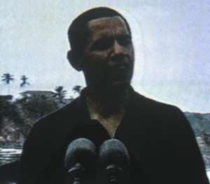 Obama speaking to the media after his tour of the Cape Coast Castle with his family.