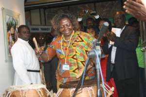 Mrs Juliana Azumah-Mensah, Minister of Tourism, drumming to launch World Tourism Day.