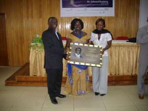 Picture shows Mr Edward Boateng, Left receiving the citation from Mrs Vesta Adu-Gyamfimiddle while MrsAnatu Kande Mahama