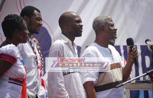 Alhaji Ramadan with mic and some of the 'ousted' leaders giving a solidarity message at NPP's congress in Kumasi