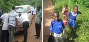 A car broken down on the terrible road to Kanokware (left), Some children making the 3km journey to school (right)