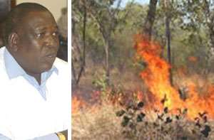 Moses Bukari Mabengba, Northern Regional Minister (left), Bush burning in the Northern Region (right)