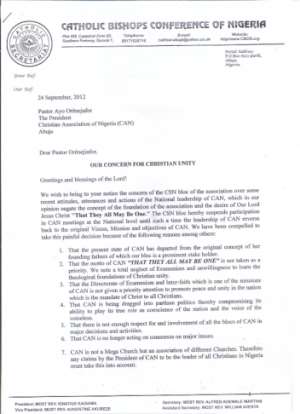 Original Copy Of Catholic Church Of Nigerias Letter Withrawing From The Christian Association Of Nigeria (CAN)