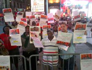 The demonstrators in front of the Marriot hotel in New York