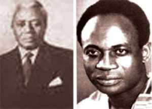 Joseph Boakye Danquah (left), Dr. Kwame Nkrumah, first President of Ghana (right)