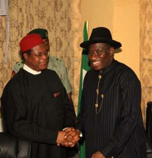 PHOTO: PRESIDENT GOODLUCK JONATHAN (R) CONGRATULATES PDP CHAIRMAN, DR OKWESILIEZE NWODO ON HIS SELECTION AS PDP NATIONAL CHAIRMAN.