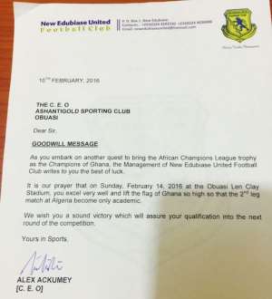 New Edubiase United's letter of support to AshantiGold