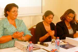 Hanna Tetteh with Dr Eleni Gabre-Madhin and Ruby Sandhu-Rojon at the training session yesterday
