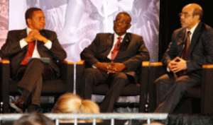 The three African leaders - President John Evans Atta Mills of Ghana ( middle), Prime Minister Meles Zenawi of Ethiopia (right) and President Jakaya Kikwete of Tanzania ( left) at the G8 Meeting.