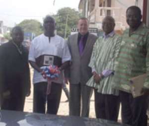 From right ,George Jerry Hanson Prez , CODE, Minister of Education, Alex Tettey Enyo in smock  Denis Anderson extreme left scheme manager at the commissioning of offices for the scheme