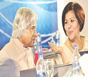 Scientist APJ Abdul Kalam with Rokia Afzal Rahman the president of MCCI at their 110th anniversary celebrations at Bangabandhu International Conference Centre in Dhaka.