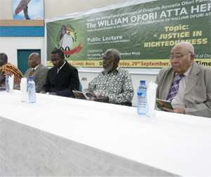 Some of the dignitaries at the lecture included Professor Stephen Adei 2nd right, former Rector of GIMPA; Prof EVO Dankwa 3rd right, the main speaker and Sam Okudzeto 4th right who chaired the forum