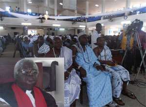 Some worshippers during the thanksgiving service. Inset: Rt. Rev. Martey at the Madina Presby