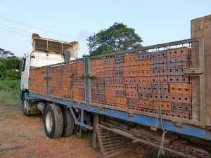Truckload of clay bricks leaving Adidome