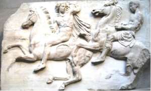 Two riders at the end of the west frieze Parthenon Marbles, Greece, now in the British Museum, London.