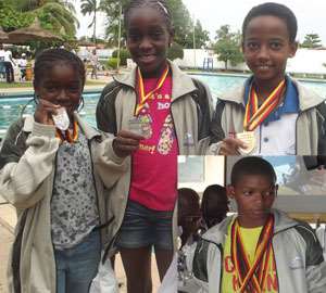 Chelsea L, Nafissath and Kelly Shooter display their medals at the poll side. Inset: Young Abeiku Jackson won seven gold medals