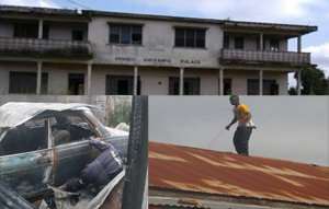 The bourt palace. INSET: The burnt car of the Omanhene left and the suspect, Patrick Ampofo on the roof