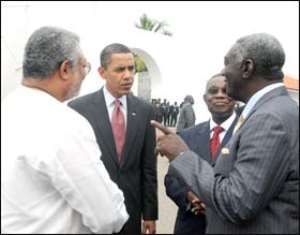 Kufuor making a point in a discussion with Prez Obama, Mills and Rawlings