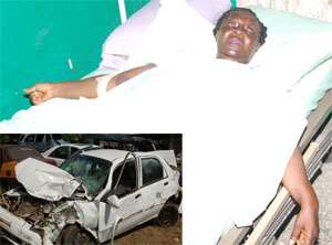 Susana Mensah on her hospital bed. Inset: The accident car