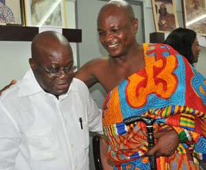Togbe Afede XIV in a warm hug with NPP Flagbearer Nana Akufo-Addo at Ho yesterday
