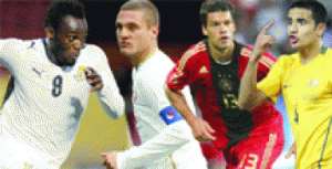 Ghana's midfield supremo, Michael Essien, braces for a World Cup show-down with Serbia's Nemanja Vidic, Germany's Michael ballack and Tim Cahill of Australia.