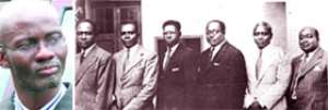 Gabby Asare Otchere-Darko, author (left), from left: Dr. Kwame Nkrumah, Mr. Obetsebi-Lamptey, Mr. Ako Adjei, Mr. Edward Akuffo-Addo, Dr. J. B. Danquah, Mr. William Ofori Atta (right)