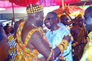 President Mills being welcomed by Nana Bosoma Asor Nkrawiri II, Omanhene of Sunyani Traditional Area, to the durbar ground at Sunyani.