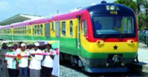 The new train in motion. INSET: President J.E.A. Mills cutting the tape to inaugurate the Accra-Tema Sub-urban Railway Service at the Tema Railway Station.