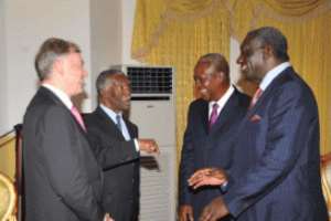 Former President J.A. Kufuor (R), Vice President John Mahama, Former South Africa President Thabo Mbeki and former President of Germany Horst Kohler (L) in a hilarious modd at the Osu Castle Tuesday.