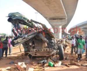 The mangled front and trailer of the truck after the accident