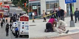 Wounded: Bystanders rush to help a stricken individual who was reportedly shot this morning by a lone gunman at the Washington Naval Yard in the nation8217;s capital