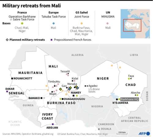 Map showing military bases and operations in Mali, and planned retreats.  By Simon MALFATTO (AFP)