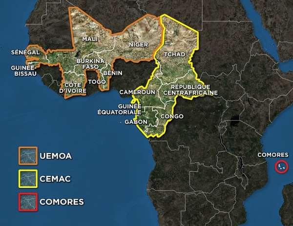 CFA franc is used by 14 countries of the African continent: eight belonging to the UEMOA area (Burkina Faso, Togo, Benin, Senegal, Mali, Ivory Coast, Niger, Guinea Bissau); and five in the CEMAC zone (Central African Republic, Gabon, Chad, Cameroon, Equatorial Guinea), The CFA has about 155 million users. Although operational in these countries since independence, this currency until today is manufactured in France. It has been pegged to the euro for 20 years through the French Treasury, and its
