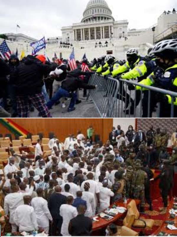 TOP: US Capitol facing siege from armed Trumpian mobs.
DOWN: Debating chamber of
Ghana's parliament under siege from unidentified gunmen