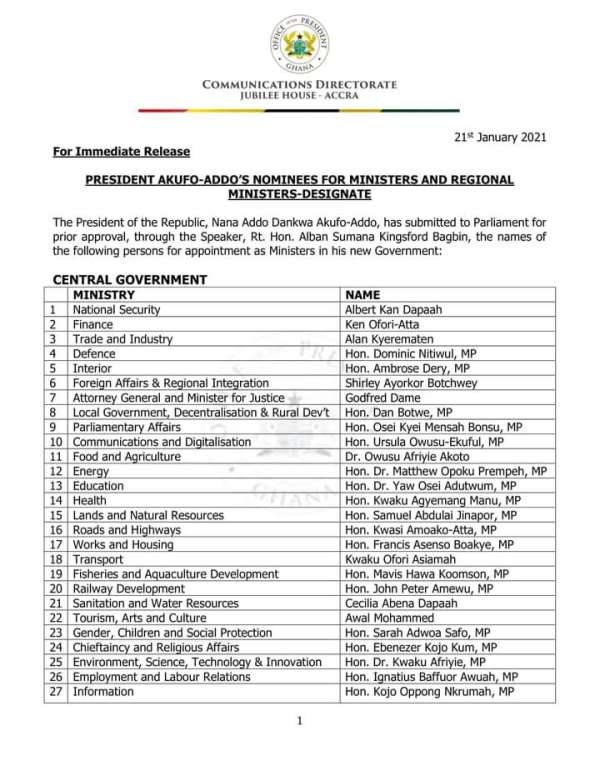 Akufo-Addo drops Atta Akyea, Joe Ghartey, others in his new gov't